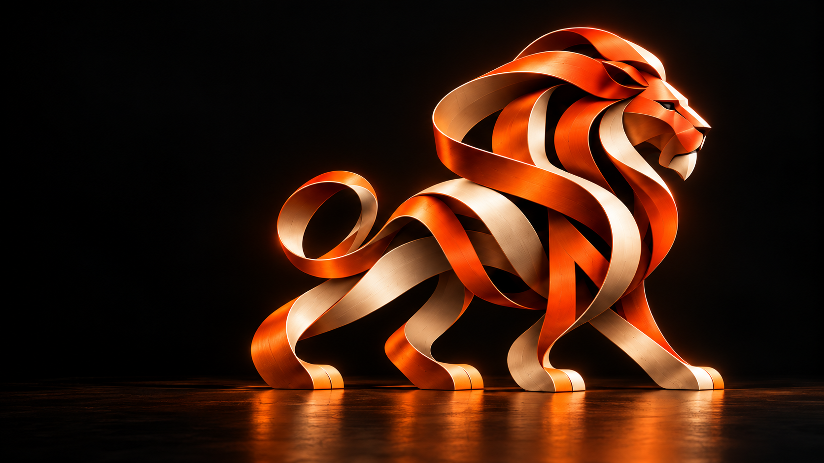 Sculptural copper and champagne ribbon lion